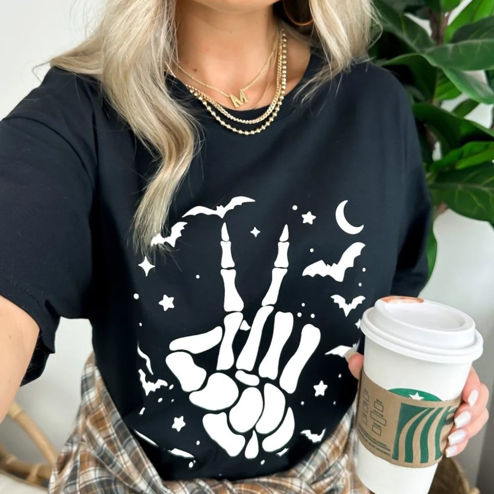 Black Halloween Bat & Skeleton Hand Graphic Tee - Picture 6 of 12